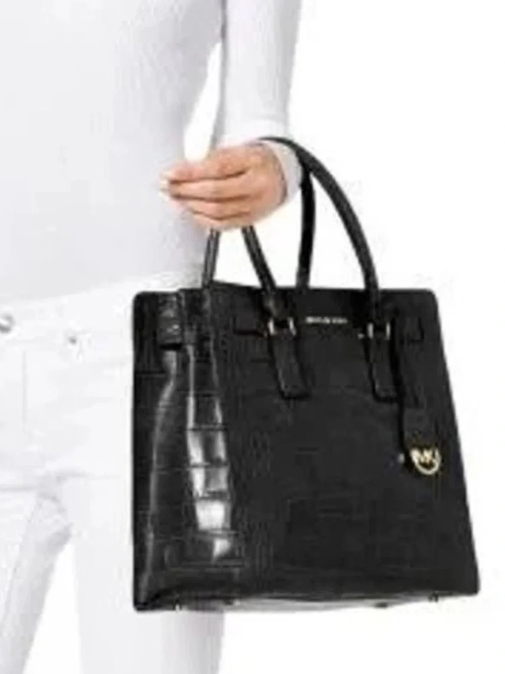 🆕 MICHAEL KORS Large Dillon Tote Croc Embossed Leather Bag Black/Gold - Picture 4 of 16